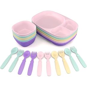 Kid’s Dinnerware Set - 20 Pieces - Trays and Bowls - Tough Tableware for Toddlers - Made in the USA - Dishwasher and Microwave Safe - BPA Free and Shatter Resistant (Pastel)