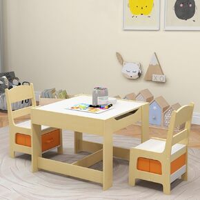 Costzon Kids Table and Chair Set, 3 in 1 Wooden Activity Table for Toddlers Arts, Crafts, Drawing, Reading, Playroom, Toddler Table and Chair Set w/ 2 in 1 Tabletop, Storage Space, Gift for Boy & Girl