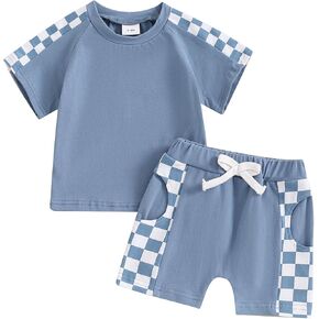 ملابس صيفية للأطفال الصغار الصغار بأكمام قصيرة وبأكمام ملونة/أحرف تي شيرت + طقم شورت سادة مكون من قطعتين ملابس غير رسمية in Kuwait