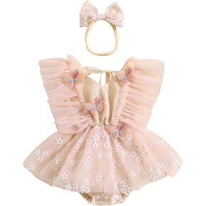 FYBITBO Newborn Baby Girl Romper Dress Floral Fly Sleeve Mesh Bodysuit Butterfly Tulle Headband Set Infant Clothes