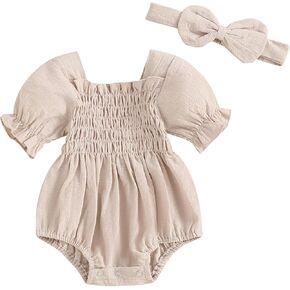 MERSARIPHY Baby Summer Clothes Newborn Infant Girl Smocked Pleated Romper Bubble Short Sleeve Bodysuit Outfits