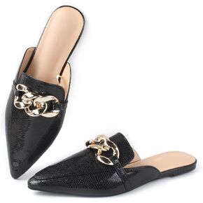 Baotou Half Slippers Women's 2024 Point Toe Metal Buck Flat Shoes Banquet Slippers Fashion Slippers Fashinable Chain Casual Office Lady Comfortable Muller Slippers Sandals