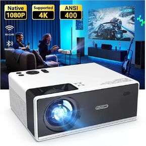 جهاز عرض FUDONI مع واي فاي وبلوتوث، جهاز عرض محمول خارجي 4K يدعم 18000L HD 1080P بحد أقصى 300 بوصة تكبير العرض، جهاز عرض مسرح منزلي لفيلم فيديو متوافق مع HDMI/USB/هاتف/كمبيوتر محمول/عصا تلفاز