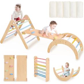 Beright PiklerTriangle Set Upgraded with White Cushion, Set 7in1 Foldable Toddler Climbing Toys, Wooden Montessori Climbing Set Indoor Jungle Gyms with Arch, Ramp, Ladder, Rainbow