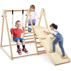 Costzon Indoor Jungle Gym, 5-in-1 Foldable Montessori Climbing Toys for Toddlers w/Double-Sided Slide, Swing, Indoor Wooden Playground Climber Playset for Kids 2-6 Years Birthday Gifts