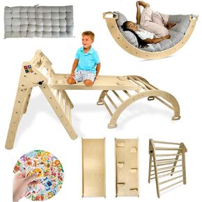 Extra Large Pikler Triangle Set for Toddlers – Multi-Use 8 in 1 Climbing Set with Cushion for Arch – Includes Free Educational Stickers for Fun Decoration. Big pikler Triangle Set