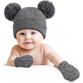DANMY Baby Winter Beanie Hat Gloves,Kids Winter Warm Knit Hat,Toddler Soft Beanie Gloves for Little Boys Girls Children