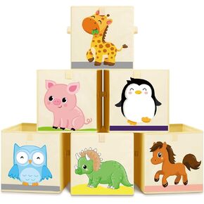 Kigley 6 Pcs Collapsible Cube Storage Bins Kids Foldable Storage Cube Organizer Fabric Toy Box Decorative Kids Storage with Handles for Home Nursery Bedroom, 10.6 x 10.6 Inch (Vivid Animal)