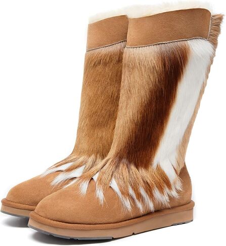 حذاء نسائي من AU&MU Aumu مصنوع من الفرو ومنفوش ومنفوش لمنتصف الساق، حذاء ثلج دافئ ومريح للاستخدام في الهواء الطلق in Kuwait