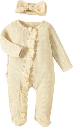 Karwuiio Newborn Baby Girl Clothes Long Sleeve Solid Color Romper Jumpsuits with Headband Infant Coming Home Outfit in Kuwait