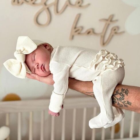 Karwuiio Newborn Baby Girl Clothes Long Sleeve Solid Color Romper Jumpsuits with Headband Infant Coming Home Outfit in Kuwait