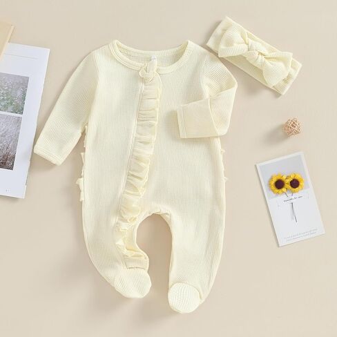 Karwuiio Newborn Baby Girl Clothes Long Sleeve Solid Color Romper Jumpsuits with Headband Infant Coming Home Outfit in Kuwait