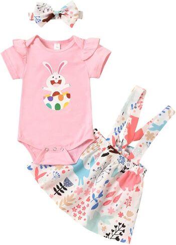 مجموعة ملابس صيفية للفتيات الصغيرات من LittleSpring تنورة رومبير مكشكشة وعصابة رأس مكونة من 3 قطع in Kuwait