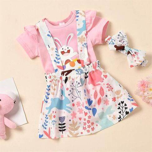 مجموعة ملابس صيفية للفتيات الصغيرات من LittleSpring تنورة رومبير مكشكشة وعصابة رأس مكونة من 3 قطع in Kuwait