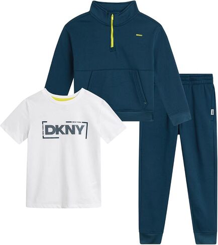 DKNY Toddler Boys' Jogger Set - 3 Piece Short Sleeve Graphic T-Shirt, Quarter-Zip Sweatshirt, and Jogger Sweat Pants (4-7) in Saudi Arabia