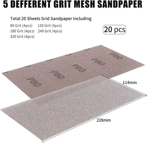 Mesh Sandpaper 9x4.5 inch, Hook and Loop Sanding Disc Dust Free Assorted 80-320 Grit Mesh Sanding Screen Sheets for Auto Wood Drywall Metal Polishing, 20 Pack in Saudi Arabia