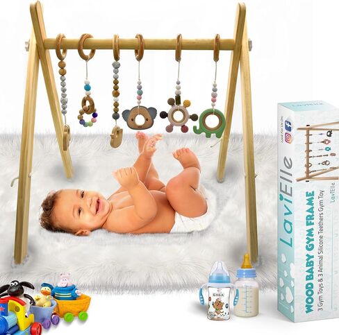 Wooden Baby Gym with 6 Premium Teethers | Foldable Play Gym for Motor Skills Development | Baby Activity Gym Center for Nursery, Montessori in Saudi Arabia