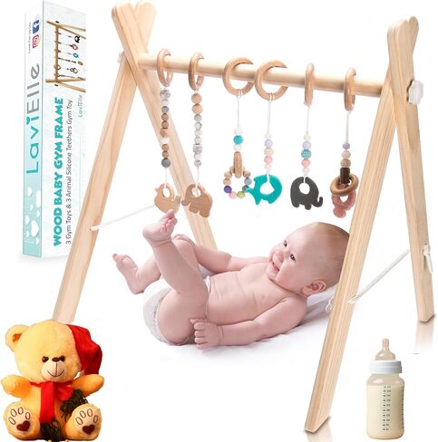 Wooden Baby Gym with 6 Premium Teethers | Foldable Play Gym for Motor Skills Development | Baby Activity Gym Center for Nursery, Montessori in Saudi Arabia
