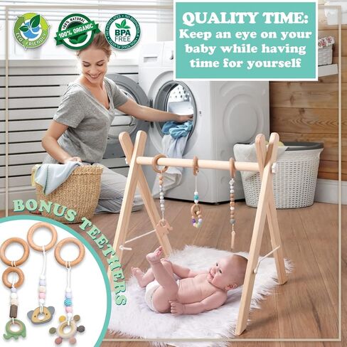 Wooden Baby Gym with 6 Premium Teethers | Foldable Play Gym for Motor Skills Development | Baby Activity Gym Center for Nursery, Montessori in Saudi Arabia