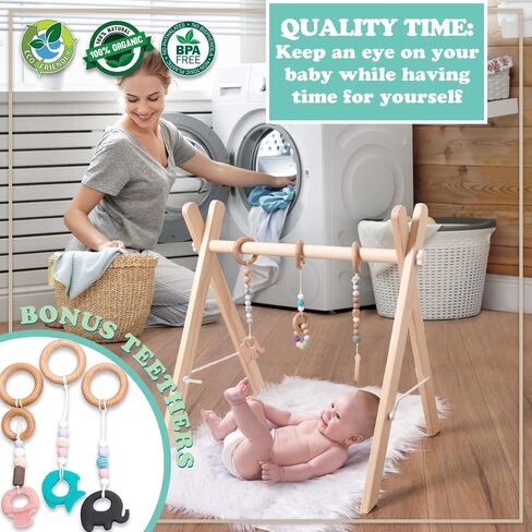 Wooden Baby Gym with 6 Premium Teethers | Foldable Play Gym for Motor Skills Development | Baby Activity Gym Center for Nursery, Montessori in Saudi Arabia