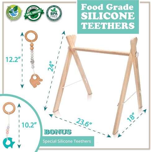 Wooden Baby Gym with 6 Premium Teethers | Foldable Play Gym for Motor Skills Development | Baby Activity Gym Center for Nursery, Montessori in Saudi Arabia