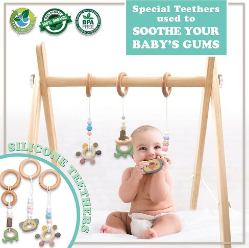 Wooden Baby Gym with 6 Premium Teethers | Foldable Play Gym for Motor Skills Development | Baby Activity Gym Center for Nursery, Montessori in Saudi Arabia