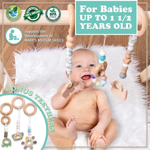 Wooden Baby Gym with 6 Premium Teethers | Foldable Play Gym for Motor Skills Development | Baby Activity Gym Center for Nursery, Montessori in Saudi Arabia