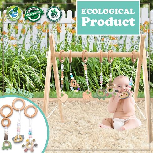 Wooden Baby Gym with 6 Premium Teethers | Foldable Play Gym for Motor Skills Development | Baby Activity Gym Center for Nursery, Montessori in Saudi Arabia