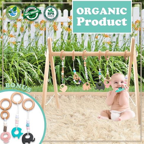 Wooden Baby Gym with 6 Premium Teethers | Foldable Play Gym for Motor Skills Development | Baby Activity Gym Center for Nursery, Montessori in Saudi Arabia