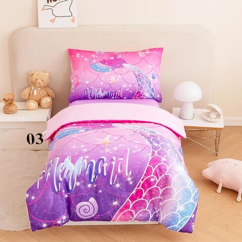ZRNBAST 4 Pcs Toddler Bedding Set for Girls Mermaid Print Toddler Comforter Set Pink Purple Gradient Glitter Bedding Set with Sheets for Kids, Shell Starfish Print Bedding, Purple Fish Scale in Saudi Arabia
