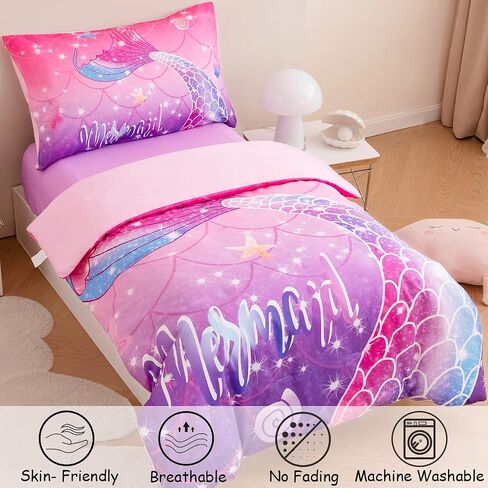 ZRNBAST 4 Pcs Toddler Bedding Set for Girls Mermaid Print Toddler Comforter Set Pink Purple Gradient Glitter Bedding Set with Sheets for Kids, Shell Starfish Print Bedding, Purple Fish Scale in Saudi Arabia