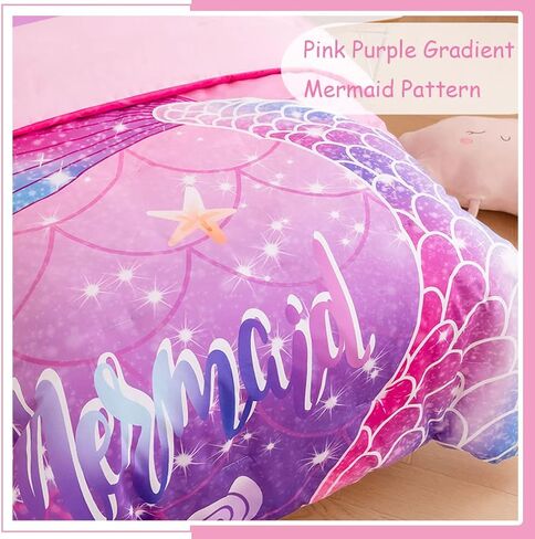 ZRNBAST 4 Pcs Toddler Bedding Set for Girls Mermaid Print Toddler Comforter Set Pink Purple Gradient Glitter Bedding Set with Sheets for Kids, Shell Starfish Print Bedding, Purple Fish Scale in Saudi Arabia