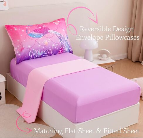 ZRNBAST 4 Pcs Toddler Bedding Set for Girls Mermaid Print Toddler Comforter Set Pink Purple Gradient Glitter Bedding Set with Sheets for Kids, Shell Starfish Print Bedding, Purple Fish Scale in Saudi Arabia