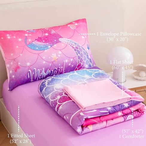 ZRNBAST 4 Pcs Toddler Bedding Set for Girls Mermaid Print Toddler Comforter Set Pink Purple Gradient Glitter Bedding Set with Sheets for Kids, Shell Starfish Print Bedding, Purple Fish Scale in Saudi Arabia