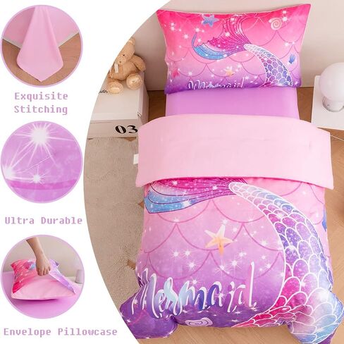 ZRNBAST 4 Pcs Toddler Bedding Set for Girls Mermaid Print Toddler Comforter Set Pink Purple Gradient Glitter Bedding Set with Sheets for Kids, Shell Starfish Print Bedding, Purple Fish Scale in Saudi Arabia