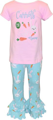 Unique Baby 2 Piece Girls Double Ruffle Leggings and Short Sleeve Shirt Clothes Set Kid and Toddler Girl Outfit in Kuwait