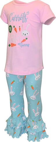 Unique Baby 2 Piece Girls Double Ruffle Leggings and Short Sleeve Shirt Clothes Set Kid and Toddler Girl Outfit in Kuwait
