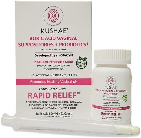 Boric Acid Suppositories with Applicator, All-Natural Boric Acid Suppositories for Women, Female Suppositories with Probiotics & Aloe Vera, Relieves Discomfort & Balances pH Level, 21 Count - Kushae in Kuwait