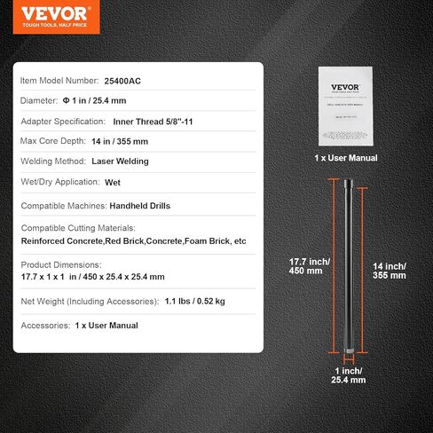 مثقاب VEVOR الأساسي، 1 بوصة لقم الثقب الأساسية الماسية الرطبة، 14 بوصة عمق الحفر للخرسانة الأساسية، 5/8 بوصة - 11 خيط داخلي، لحام بالليزر، لقمة الحفر الرطبة الماسية للطوب الخرساني والكتل in Saudi Arabia