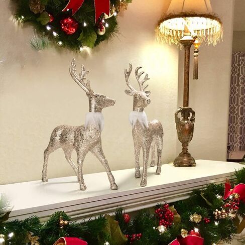 ARCCI Christmas Reindeer Figurine Decorations 2 Pack, 12.6" Standing Glitter Deer Statues Holidays Ornaments, Xmas Elk Table Centerpiece Home Decor, Silver in Saudi Arabia