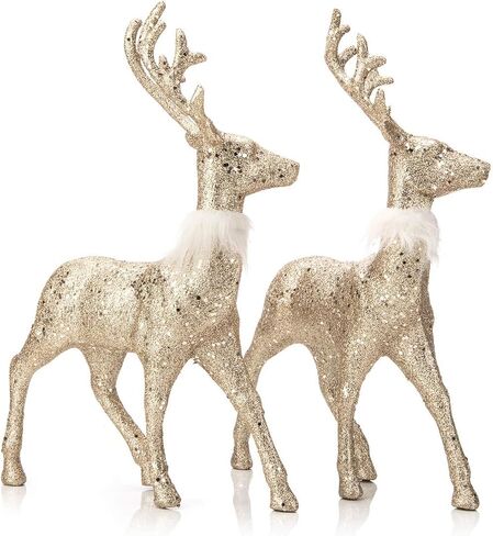 ARCCI Christmas Reindeer Figurine Decorations 2 Pack, 12.6" Standing Glitter Deer Statues Holidays Ornaments, Xmas Elk Table Centerpiece Home Decor, Silver in Saudi Arabia