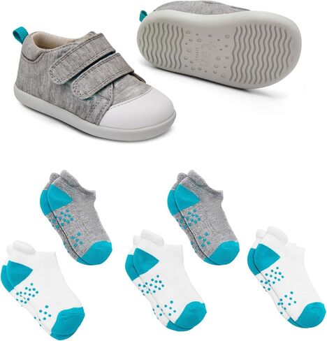 Ten Little First Walker Kids’ Shoes & Ankle Socks Bundle for Baby & Toddler Boys & Girls, Heather Gray Shoe Size 4, Ankle Socks with Non-Skid Grips 5 Pk in Kuwait