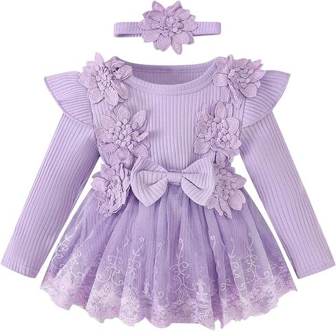 ABAFIP Newborn Baby Girl Ribbed Romper Dress Ruffle Knit Long Sleeve Floral Lace Tutu Dress Fall Outfits in Kuwait