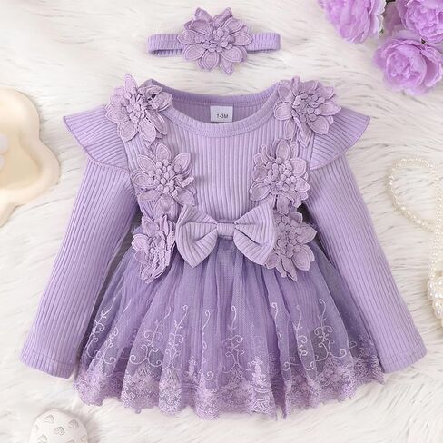 ABAFIP Newborn Baby Girl Ribbed Romper Dress Ruffle Knit Long Sleeve Floral Lace Tutu Dress Fall Outfits in Kuwait
