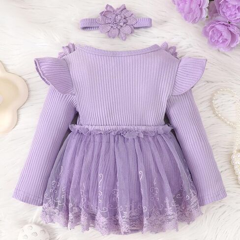 ABAFIP Newborn Baby Girl Ribbed Romper Dress Ruffle Knit Long Sleeve Floral Lace Tutu Dress Fall Outfits in Kuwait