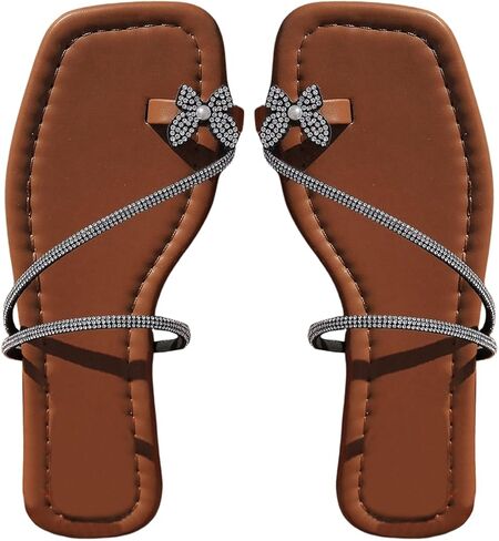 GORGLITTER Women's Strappy Flat Sandals Rhinestone Dressy Sandals Toe Ring Slip On Slides Shoes in Saudi Arabia