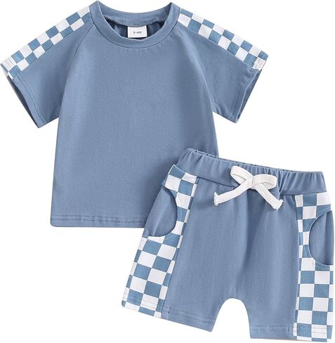 ملابس صيفية للأطفال الصغار الصغار بأكمام قصيرة وبأكمام ملونة/أحرف تي شيرت + طقم شورت سادة مكون من قطعتين ملابس غير رسمية in Kuwait