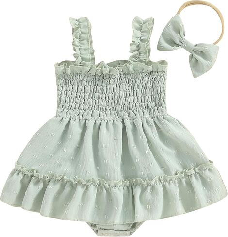Karwuiio Newborn Baby Girl Rompers Dress Sleeveless Smocked Ruffle One Piece Jumpsuits Little Kids Summer Clothes in Kuwait