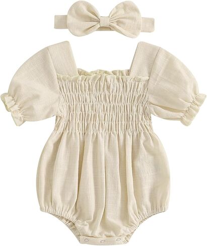 MERSARIPHY Baby Summer Clothes Newborn Infant Girl Smocked Pleated Romper Bubble Short Sleeve Bodysuit Outfits in Saudi Arabia
