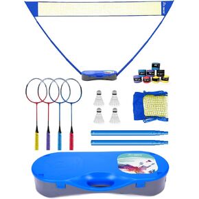Portable Badminton Net Set with Storage Base, Badminton Set with 10x5 ft Net,4 Badminton Rackets,4 Shuttlecocks and 8 Grip Tape,Family Game,Kids, Beach Backyard Combo Set